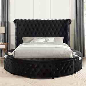 King <b>Size</b> Adjustable Modern Soft <b>Bed</b> Round Storage Black Velvet Like Acrylic Button-Tufted Wingback Design - Product Image 3