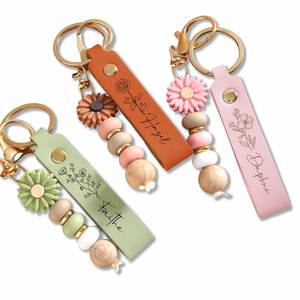 Handmade Daisy Flower Beaded <b>Keychain</b>, Personalized Name Leather <b>Keychain</b>, Cute Aesthetic Bag Charm & <b>Wallet</b> Pendant for Women - Product Image 1