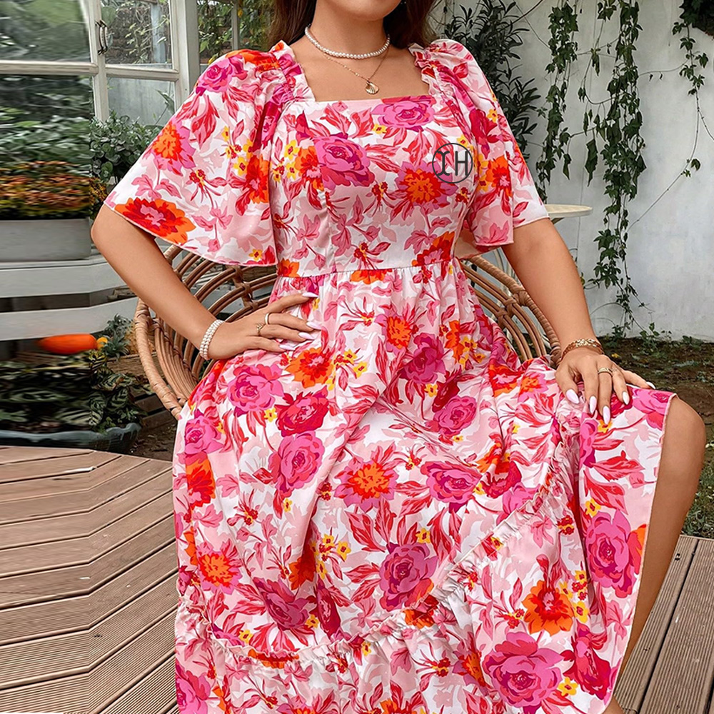Customize Ladies Plus Size Floral Dress Flutter Sleeve Ruffle Square Neck  A-line Dresses Casual Tiered Summer Dress