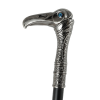 Canne en métal sculptée tête de corbeau en argent antique avec poignée en verre bleu, accessoire de cosplay, cadeau gothique et de collection