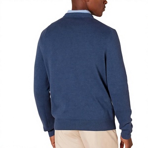 Pull à col en V bleu uni pour homme, manches longues, tricoté en laine/acrylique, respirant, vêtements d'hiver - Product Image 4