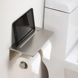 Space Aluminum Self Adhesive Double Toilet Paper Holder Toilet Paper Holder With Phone Shelf Toilet Paper Roll Holder