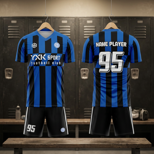 ชุดเสื้อฟุตบอล YAK SPORT สำหรับผู้ชาย สีน้ำเงิน-ดำ ลายทาง คอวี แขนสั้น แบบซับลิเมชั่น ระบายอากาศได้ดี ทรงสปอร์ต - Product Image 1
