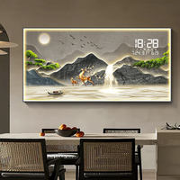 Horloge murale numérique en peinture sur porcelaine à cristaux LED, art de paysage, cadre en diamant pour la décoration de restaurant, support de toile