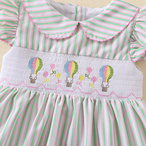 Nuovo Smocked abbigliamento per bambini Casual estate fumetto ricamato Shirring rosa <span class=keywords><strong>verde</strong></span> manica a sbuffo vestono le bambine - Product Image 4