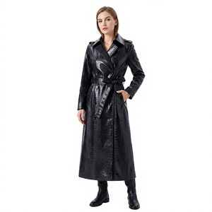 <b>Women</b> Genuine Leather Trench <b>Coat</b> Long Double Breasted With <b>Belt</b> Notched Collar Elegant Autumn Solid Color - Product Image 2
