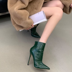 Green Ankle Booties Zipper Sexy Pointy Toe Stiletto Thin Heel Stone Pattern Women Dress <b>Shoes</b> Boots - Product Image 6