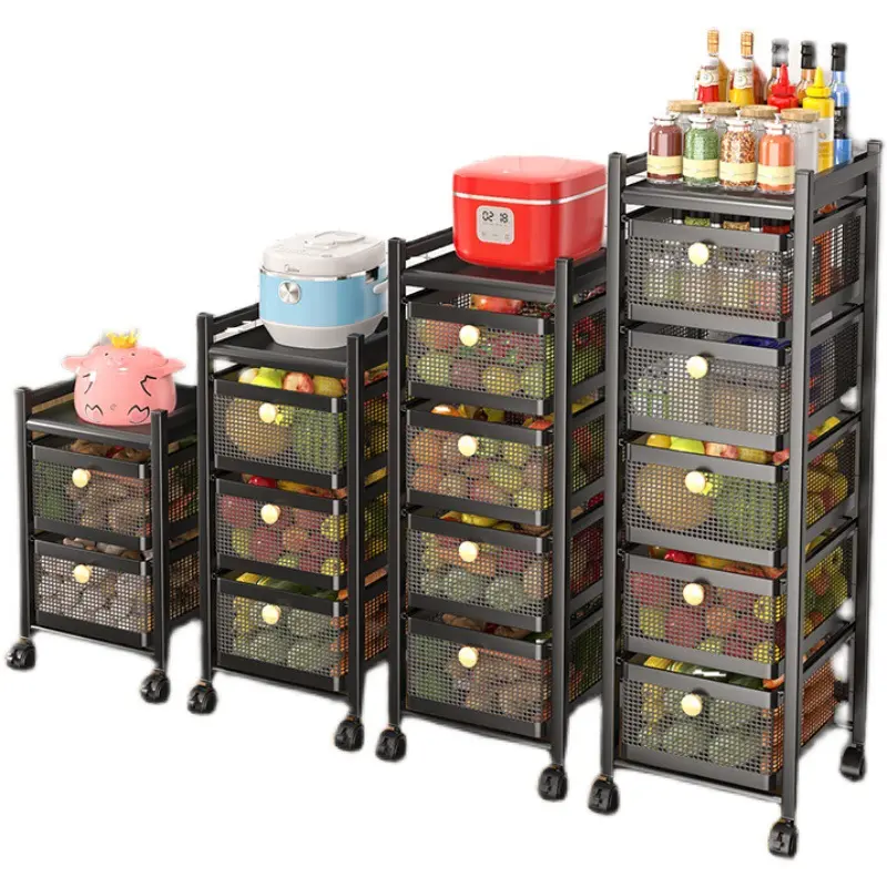Multi Purpose Stable Rotating Rolling Kitchen Trolley Cart Fruit Vegetable Basket Shelf Kitchen Storage Organizer