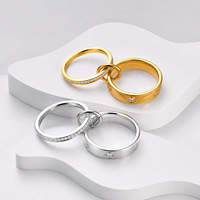 Bague en acier inoxydable double anneau zirconium de luxe léger, plaqué or 18 carats, bicolore, tendance, pour couple, passe-partout