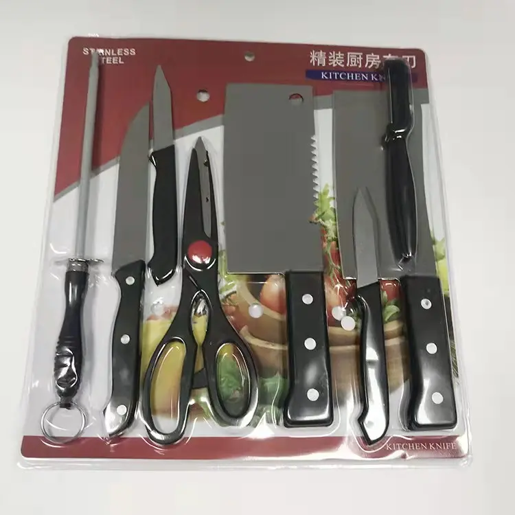 Kitchen Knife set of 7 Hollow Handle Stainless Steel Knife Paring Chef's Knives Meat Butcher Cleaver Fish Scaler Scraper