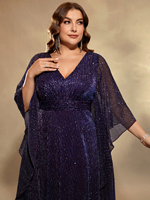 Robe de soirée maxi élégante à manches évasées scintillantes de couleur unie à col en V pour femmes grandes tailles avec fermeture éclair au dos
