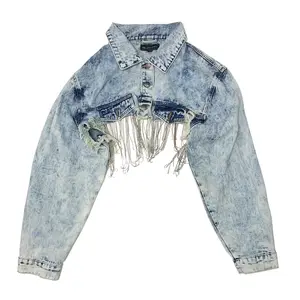 ใหม่หรูหราสุภาพสตรี Denim แจ็คเก็ตแฟชั่นผู้หญิง Dangle Chain ลูกปัด Fringes Jean สั้น Punk Jacket