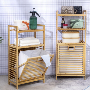 Estante de almacenamiento de bambú de 60x70 cm, 4 niveles, con cesto para la ropa sucia, para organizar el baño - Product Image 1