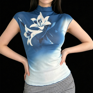 Top Corto de Verano Estilo Coquette Y2K, Ecológico, con Estampado Floral, Bloques de Color, Cuello con Muescas, Manga Corta, Romántico e Informal para Mujer - Product Image 2