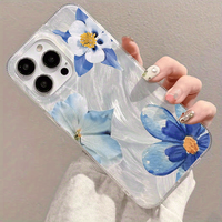 Coque de téléphone antichoc à motif floral bleu laser pour iPhone 16 15 17 Air 18 Pro Max 14 13, avec fil plume brillant