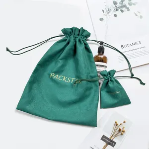 Petit emballage de bijoux imprimés personnalisés verts Sacs de pochette à cordon en velours pour cadeaux de bijoux avec logo