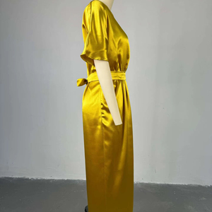 Wholesale Elegant <strong>Dress</strong> for <strong>Women</strong> Asymmetrical V-neck Short-sleeve High-waisted One-step Slit Long Skirt - Product Image 5