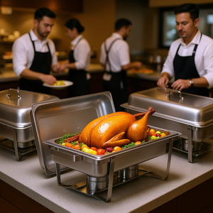 ชุดอุ่นอาหารสี่เหลี่ยมสแตนเลสสีเงิน ขนาด 8 ควอร์ต 4 ชิ้น พร้อมอุปกรณ์เก็บความร้อน - Product Image 2