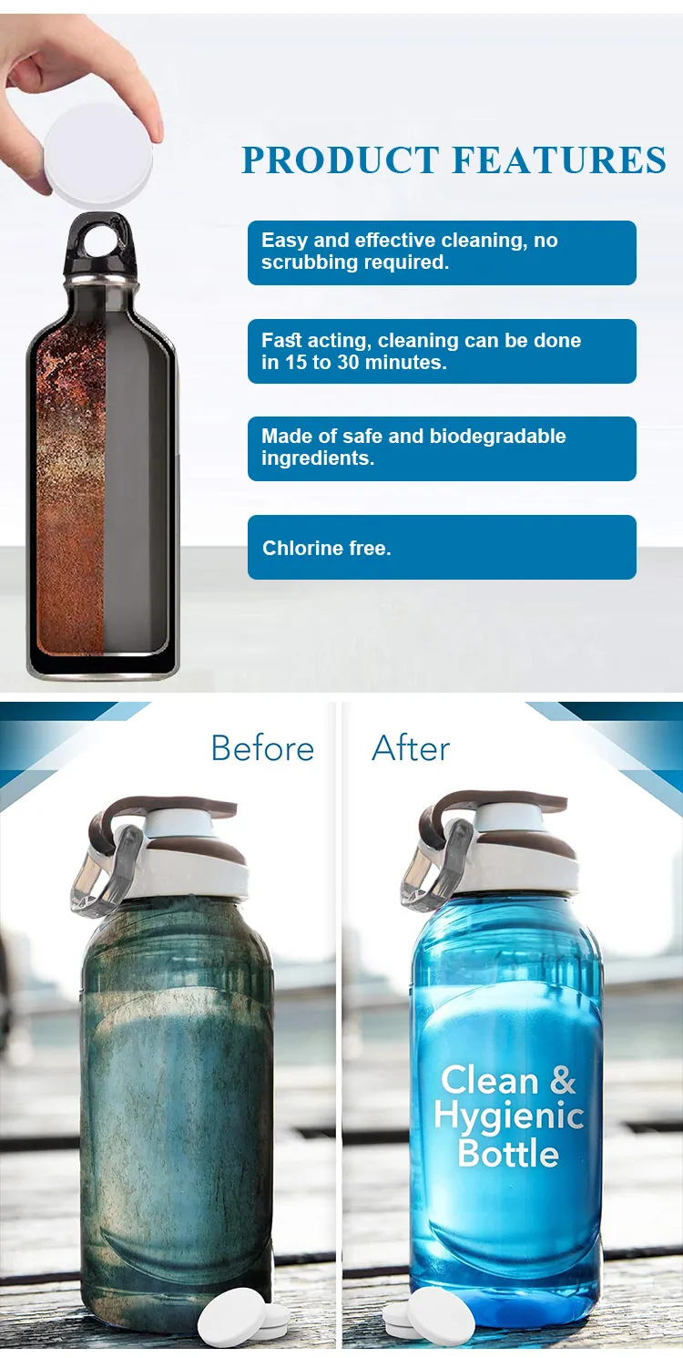 Su şişesi temizlik tabletleri-klor ve koku içermez, inatçı lekeleri ve kokuları giderir