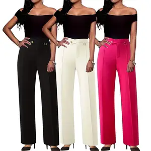Wholesalers elegant female pleater trousers Office Lady Pink Solid Slim Straight High Waist Women's Wide Leg Pants