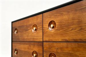 Mid Century Modern Solid Wood Credenza 4-<b>Drawer</b> <b>Storage</b> Cabinet Living Room Furniture Walnut Finish Slab Door Design - Product Image 3