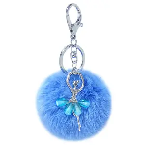 2024 multiple color options Cute Dreamy Plush Pompom ballerina Keychain Round Artificial Rabbit Fur Keychain