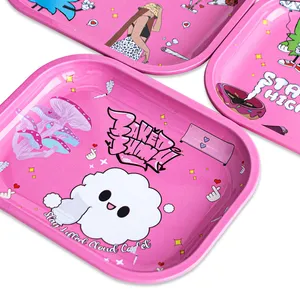 Pink Cigarette Rolling Serving Tray Wholesale Custom Metal Tobacco Smoking Tin Rolling Tray