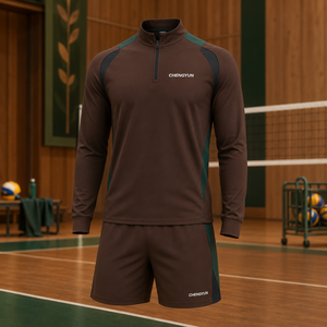 Ensemble personnalisé de maillot et short d'entraînement de volley-ball d'automne avec demi-zip et tissu brossé - Product Image 1