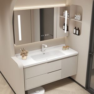 Meuble de salle de bain en chêne avec lavabo intégré en céramique, simple et intelligent - Product Image 2