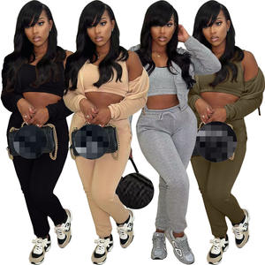 Ensemble 3 pièces d'hiver pour <span class=keywords><strong>femme</strong></span> : Crop top bustier, veste à manches longues et pantalon de jogging – Tenue décontractée pour <span class=keywords><strong>femme</strong></span> - Product Image 1