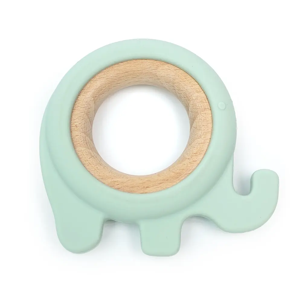 Baby Teethers giocattolo sensoriale Silicone in legno per bambino morbido personalizza colore elefanti indossano anelli in legno giocattoli