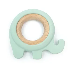 Baby Teethers Sensory Toy Wooden Silicone For Baby Soft Customize Color Elephants Wear Wooden Rings Toys