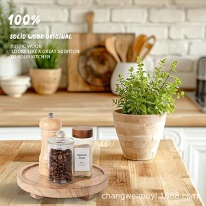 Solid Wood Round Base <b>Storage</b> <b>Tray</b> For Kitchen Countertop Spice Rack Multifunctional Desktop Organizer Retro Color Standing Type - Product Image 1