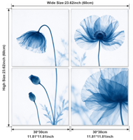 Tableau mural sur toile 4 panneaux motif coquelicot bleu rayé, impression florale abstraite transparente, décoration intérieure nordique moderne