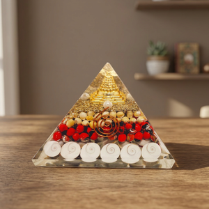 Pyramide de cristal Orgone Gomti Chakra Shree Yantra avec graines de Chirmi rouges et blanches, pour la prospérité, le succès et la richesse, décoration artisanale pour les fêtes - Product Image 2