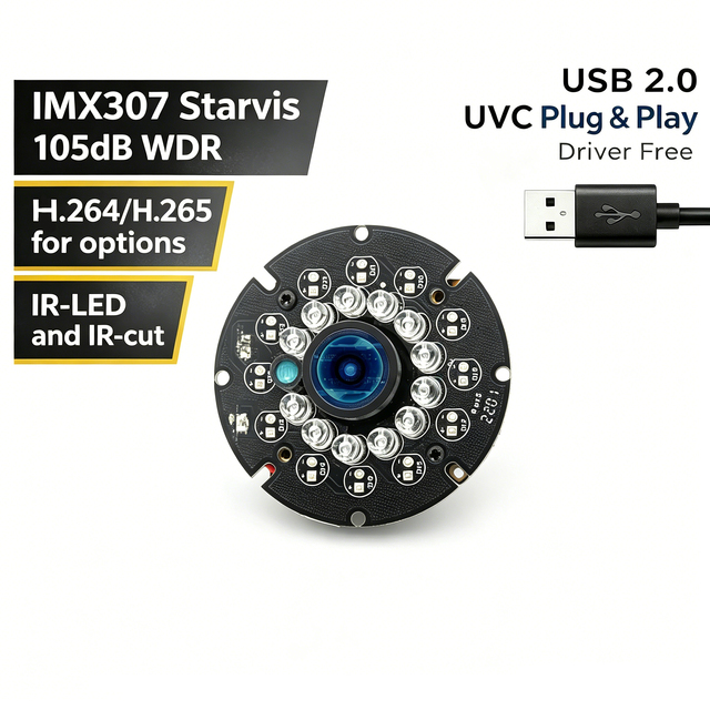 30fps 1080P IMX307 Starvis Wide Angle USB Camera Module WDR H.265 Auto IR-Cut Night Vision with IR LED for Day Night Monitor