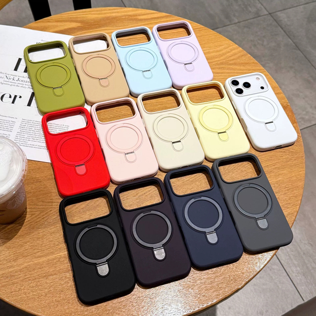 Folding Metal Ring Stand Liquid Silicone Magnetic Phone Case for iPhone 17 Pro Max Antishock Kickstand Holder Case
