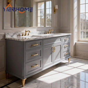 Mueble <span class=keywords><strong>de</strong></span> Baño <span class=keywords><strong>de</strong></span> Madera Maciza Personalizado <span class=keywords><strong>con</strong></span> <span class=keywords><strong>Lavabo</strong></span> Doble, Encimera <span class=keywords><strong>de</strong></span> Mármol, <span class=keywords><strong>Lavabo</strong></span> Cerámico Empotrado y Dos Grifos - Product Image 2
