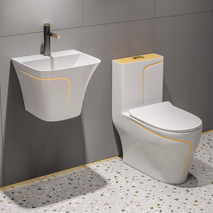 WC monobloc de luxe en céramique avec ligne dorée, noir, à double chasse, design moderne, pour salle de bain, toilettes colorées avec lavabo - Product Image 6