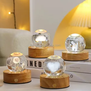 Space Gift Crystal Ball Lamp LED Wooden Base Luminous Crystal Ball Decoration 3D Solar System Crystal Ball Night Light
