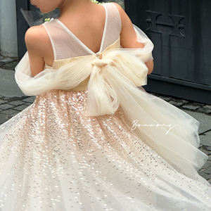 שמלת נסיכה ללא שרוולים עם פאייטים בצבע שמפניה, שמלת טול עם קשת ופנינים, שמלת מקסי, שמלת נשף לילדות, לחתונה, יום הולדת, תחרות יופי, מסיבה - Product Image 4