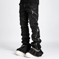 Jeans DiZNEW Premium Heavyweight Distressed pour Hommes, Détails Multiples avec Fermetures Éclair, Panneaux Sculpturés, Pantalon Empilé, Logo Personnalisé