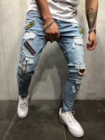 Jeans pour hommes délavés bleu déchiré Patch Slim Fit Pants Fashion Skinny Jeans for Men Stylish Stretch Trousers