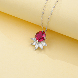 925 Sterling Silver Lab Grown <b>Ruby</b> <b>Necklace</b> Cushion Cut Marquise CZ Halo Floral Pendant Clavicle Chain for Women K - Product Image 3