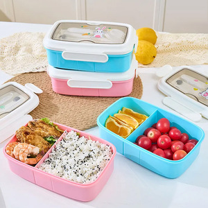 Printed Plastic <b>Compartment</b> <b>Lunch</b> <b>Box</b> With Cutlery Airtight Rectangle For Students Office Workers Pink Blue Mixed Packaging - Product Image 4