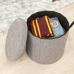 Round Fabric Storage <b>Stool</b> Grey Home <b>Ottoman</b> With Tufted Top For Living Room Or Bedroom Use - Product Image 2