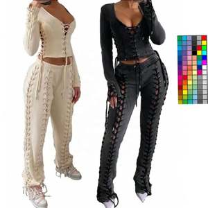 Conjunto de chándal con logotipo bordado personalizado, ajustado con cordón, rosa, conjunto de 2 piezas, conjunto de dos piezas sexy, ropa de mujer - Product Image 1