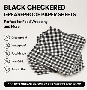 Hojas de Papel Antigrasa a Cuadros Negros, Grado Alimenticio, Impermeables, Antiadherentes, 100 Unidades para Envolver Alimentos - Product Image 1