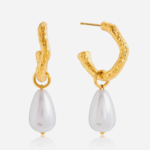 Pendientes de Aro con Perlas en Forma de Lágrima, Acero Inoxidable Dorado, Joyería para Uso Diario para Mujer - Product Image 1