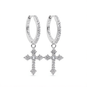 Orecchini a cerchio in argento 925 Aynsley con pendente a croce con diamanti per donna, gioielli religiosi, stile cerimonia cristiana - Product Image 1
